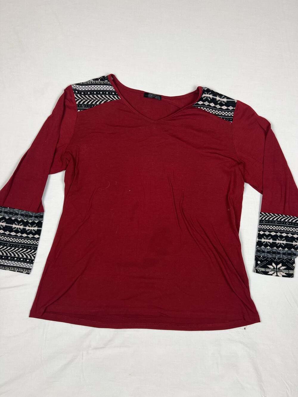 Emery Rose Red V-Neck Long Sleeve Top with Nordic Fair Isle Pattern